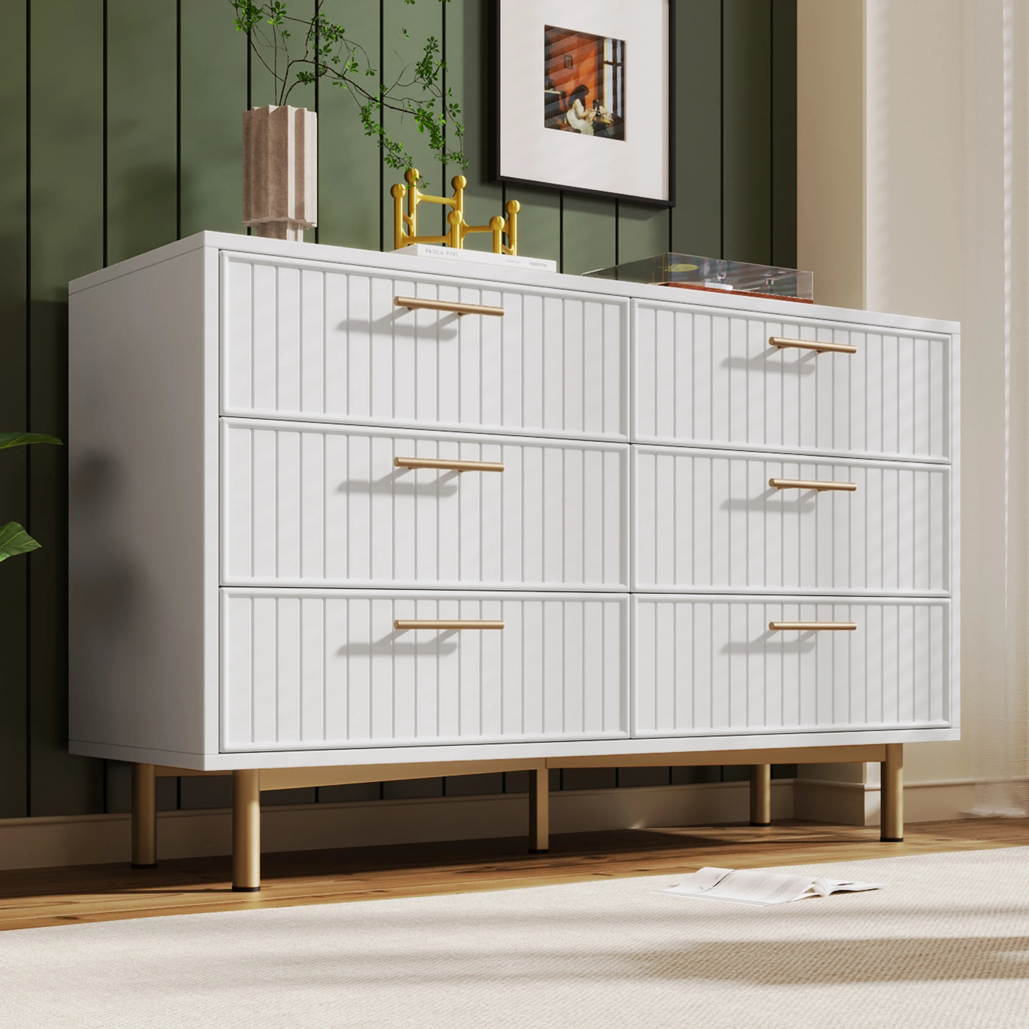 Weiße Schubladenkommode mit 6 Schubladen, geeignet für Schlafzimmer und Wohnbereiche, Maße H75/B120/T40 cm. – Detail 9