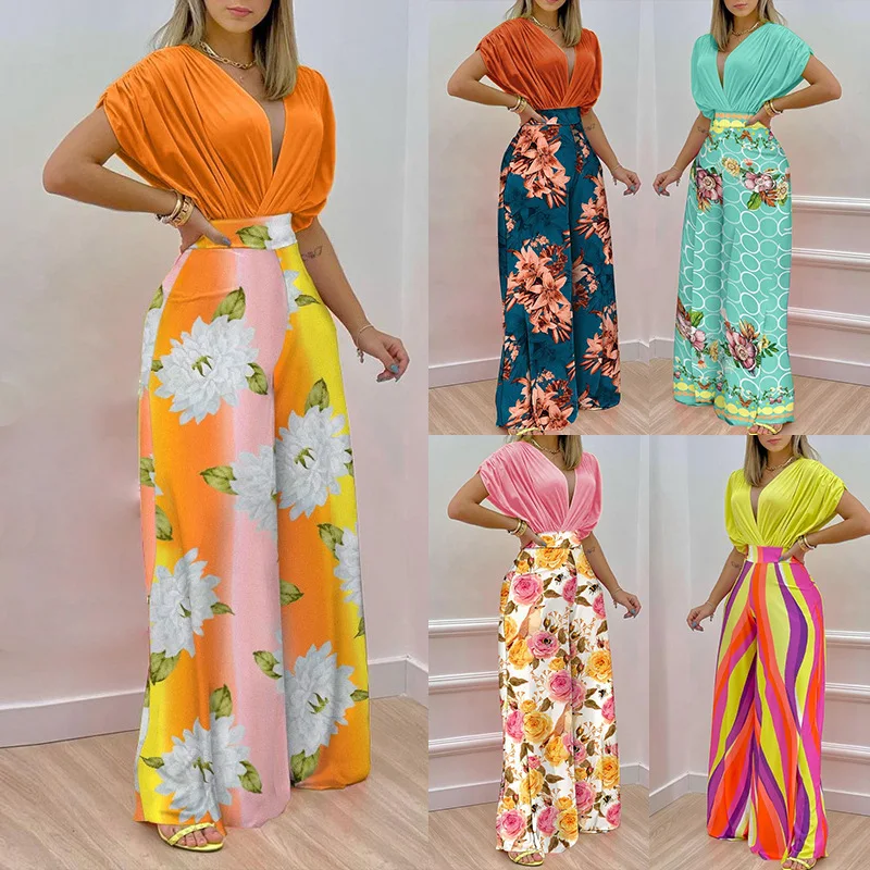 Women's Clothing 2022 Summer New Style Temperament V-neck Printed Wide Leg Pants Casual High Waist Loose Jumpsuit Large Size 2022 new summer sexy v neck romper women elegant casual sleeveless waist tie high waist jumpsuit female loose wide leg playsuits