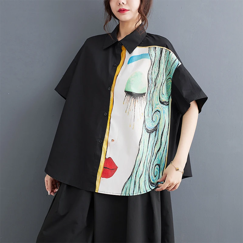 

Блузка женская однобортная свободного кроя, шикарная рубашка в Корейском стиле для девушек, модная Повседневная Блузка с 3D принтом, черная белая, на лето