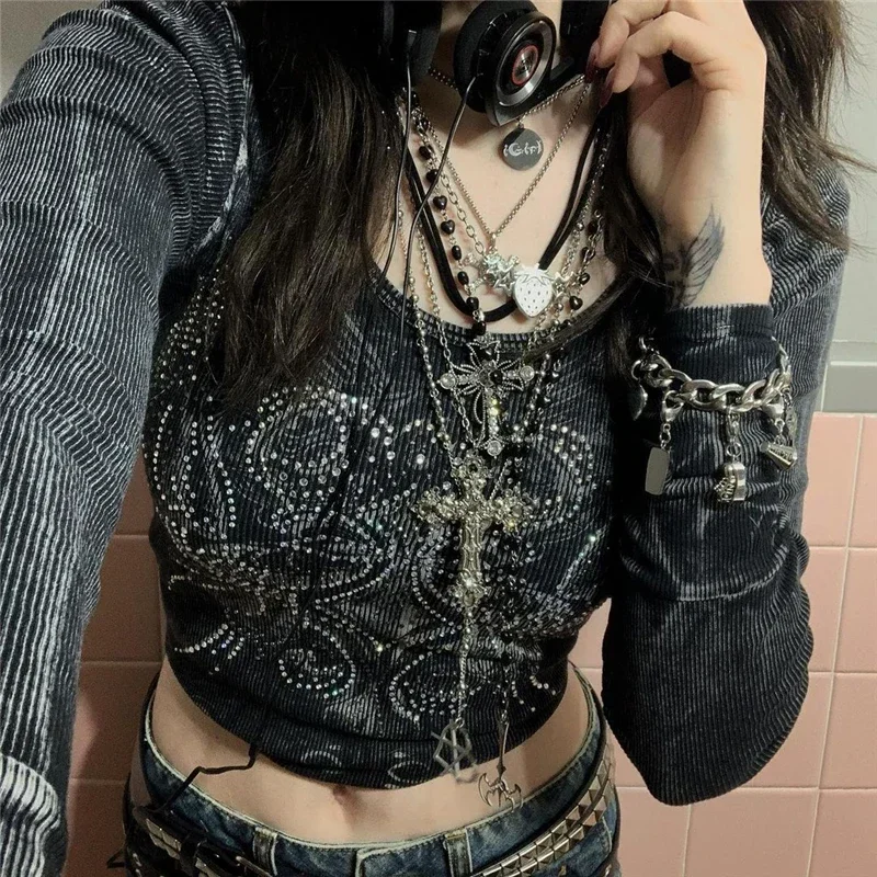 

Rhinestone Y2K Crop Tops Graphic Print Grunge Clothes Aesthetic Fairycore Retro Streetwear Tee Vintage Harajuku Cute Tshirts