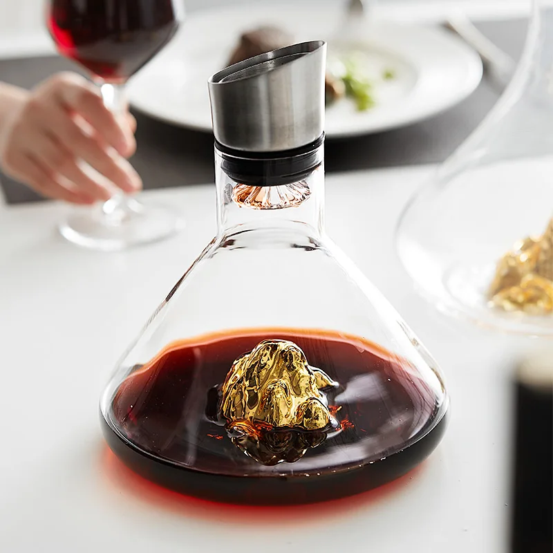 

JINYOUJIA-Golden Mountain Handmade Crystal Decanter, Quick Sober, Red Wine Bottle, 304 Stainless Steel Cover