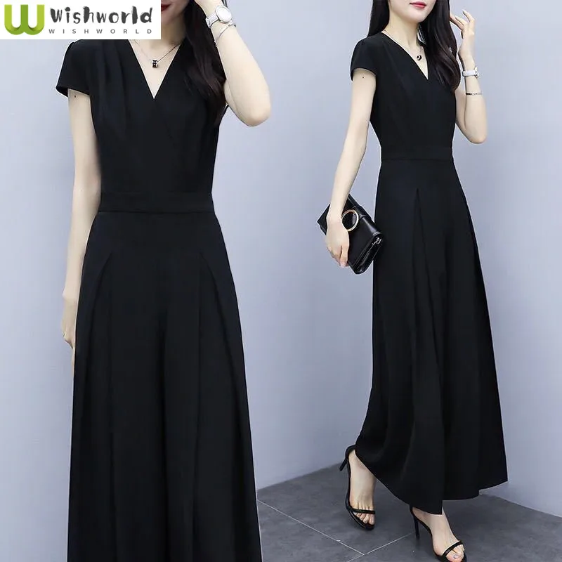 Loose Casual V-neck Waistband Jumpsuit with a Slimming Temperament High Waist Wide Leg Pants Elegant Women's Summer Clothing jumpsuit women 2023 spring new fashionable and elegant flip collar hot diamond cross jumpsuit with belt temperament commuting