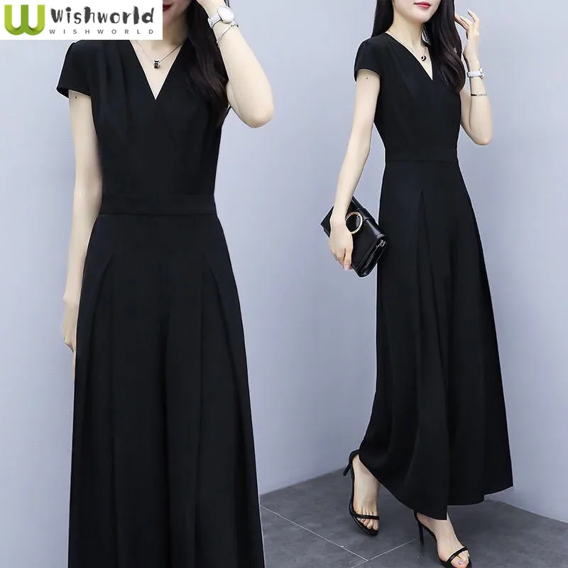 Loose Casual V-neck Waistband Jumpsuit with a Slimming Temperament High Waist Wide Leg Pants Elegant Women's Summer Clothing