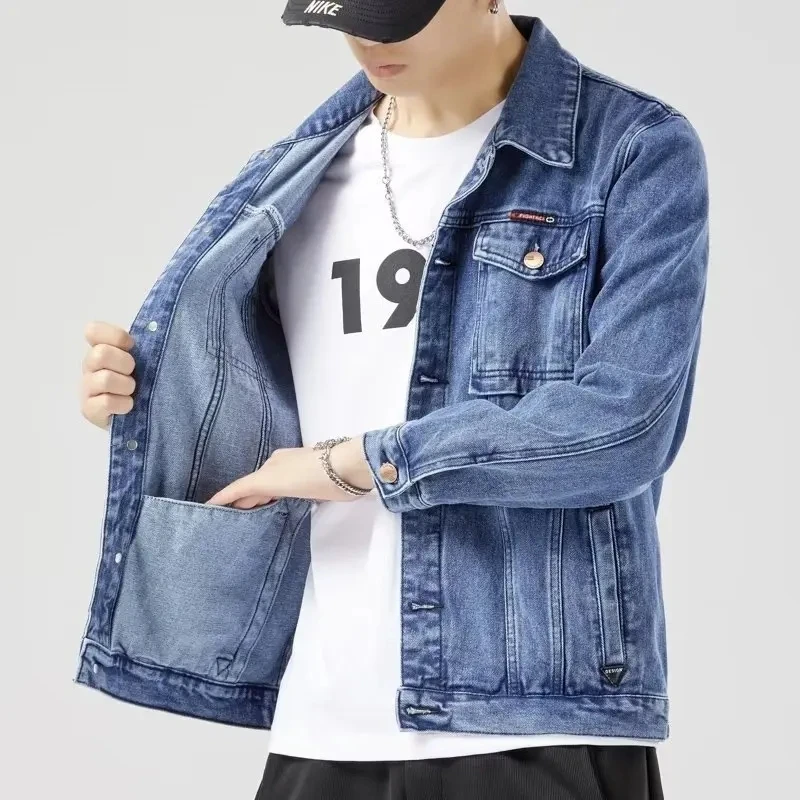 2024 새로운 봄 남성 솔리드 옷깃 데님 재킷 패션 오토바이 청바지 재킷 옴므 슬림 피트 코튼 캐주얼 블랙 블루 코트