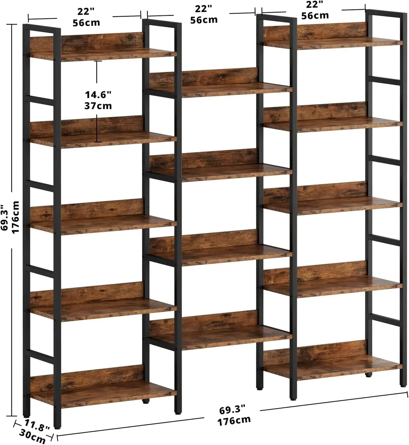 New2025-Bookcases and Bookshelves Triple Wide 5 Tiers Industrial Bookshelf with Baffles Large Etagere Bookshelf