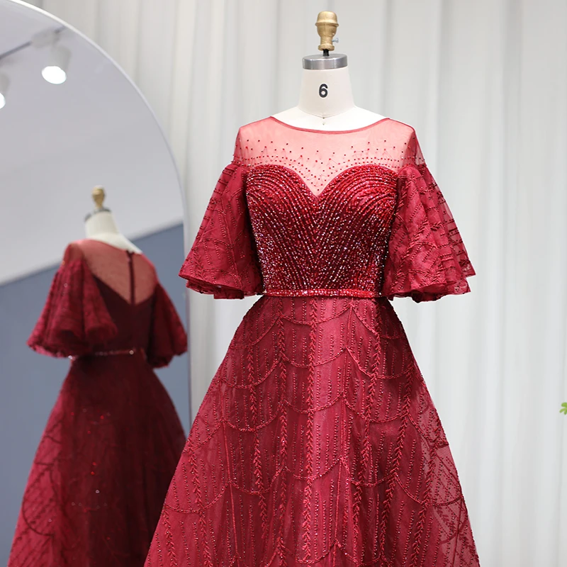 S41c477657737487d84f240591f850270A Luxury Dubai Pink Evening Dresses for Women Wedding Party Flare Sleeves Burgundy Arabic Plus Size Formal Gowns Mallzona