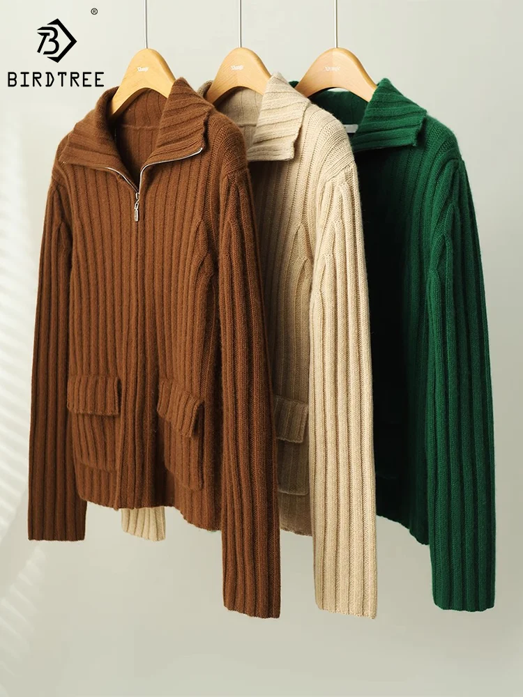 

Birdtree 100%Goat Cashmere Sweater Cardigan Turtleneck Zipper Long Sleeve Solid Stripe Soft Coat Casual 2024 Spring New C41338QM