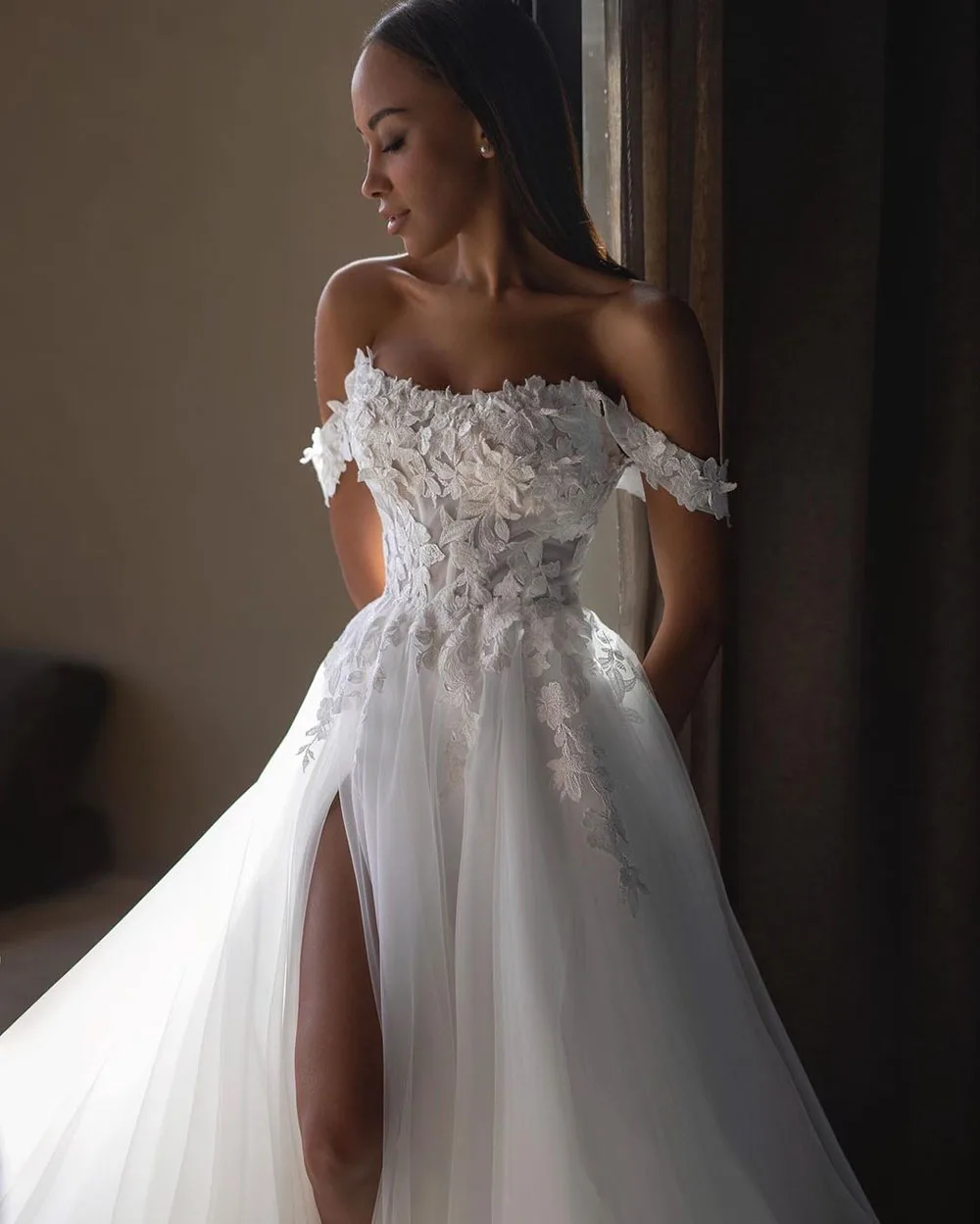 SoDigne Luxury Boho Wedding Gown 2023 Off The Shoulder Lace Wedding Dresses Women Side Split Bride Dress Princess robe de mariée 2