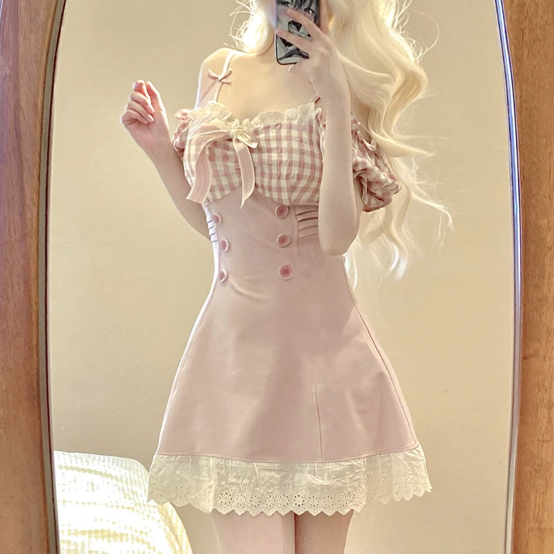 Sweet Pink Plaid Bow Princess Dress Women Sexy Slash Neck Lace Ruffle Party Mini Dresses Female Japanese Style Slim Lolita Dress