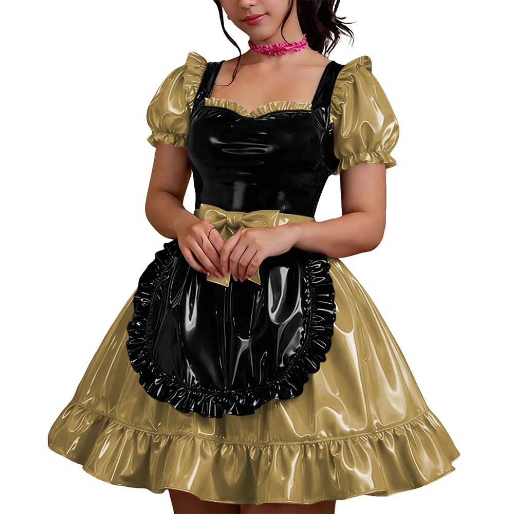 Shiny PVC French Dress Women Vinyl Mini Skirt Sweetheart Party Maid Cross  Dress | eBay