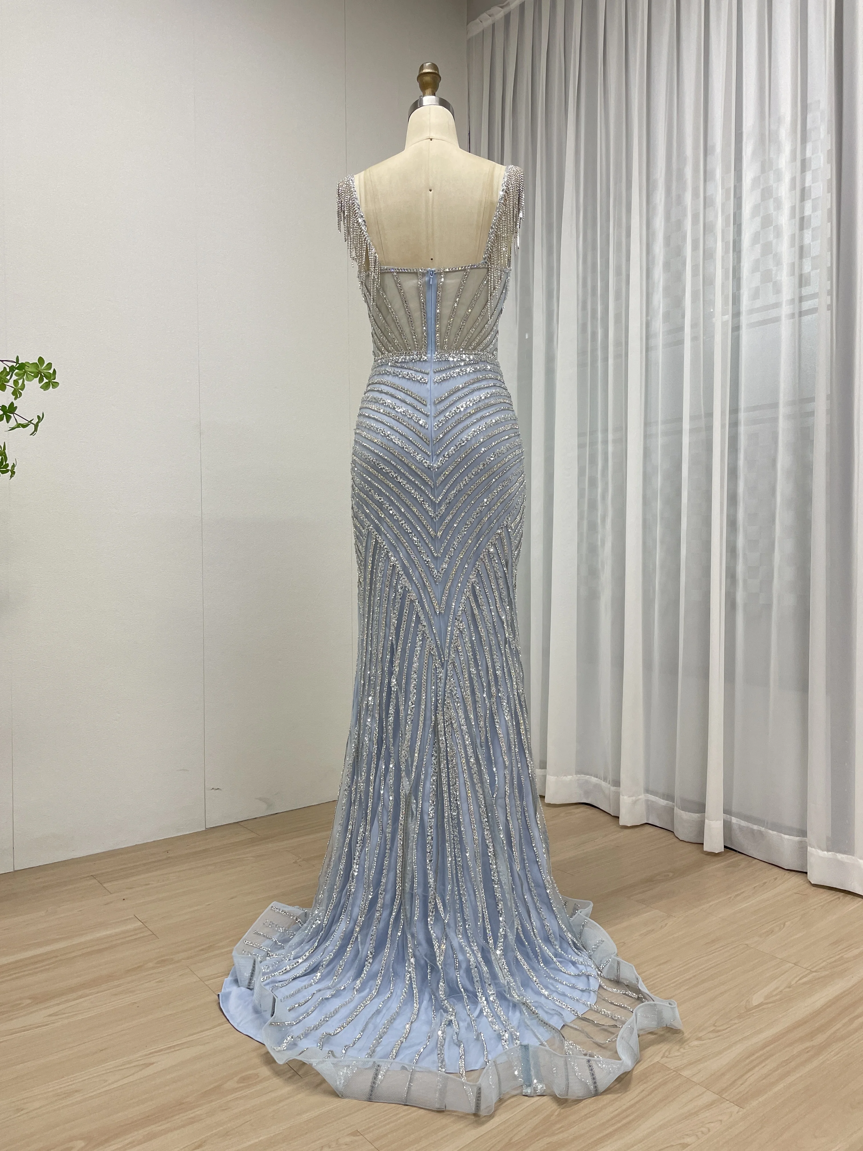 MYMB Spaghetti Strap Lange BLAU Meerjungfrau Perlen Cape Mit Ärmeln Abendkleider Kleider für Frauen Hochzeit Party Angepasst MB40394 – Detail 5