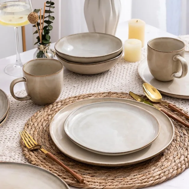Ceramic Dinnerware Sets,Handmade Reactive Glaze Plates and Bowls Sets,Highly Chip and Crack Resistant ,Service for 4 (12pc) 6