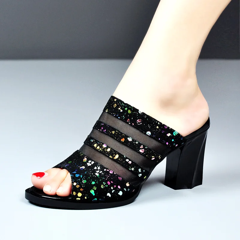 High Heels Glitter Slippers Women Summer 2022 Sexy Black Mesh Slip On