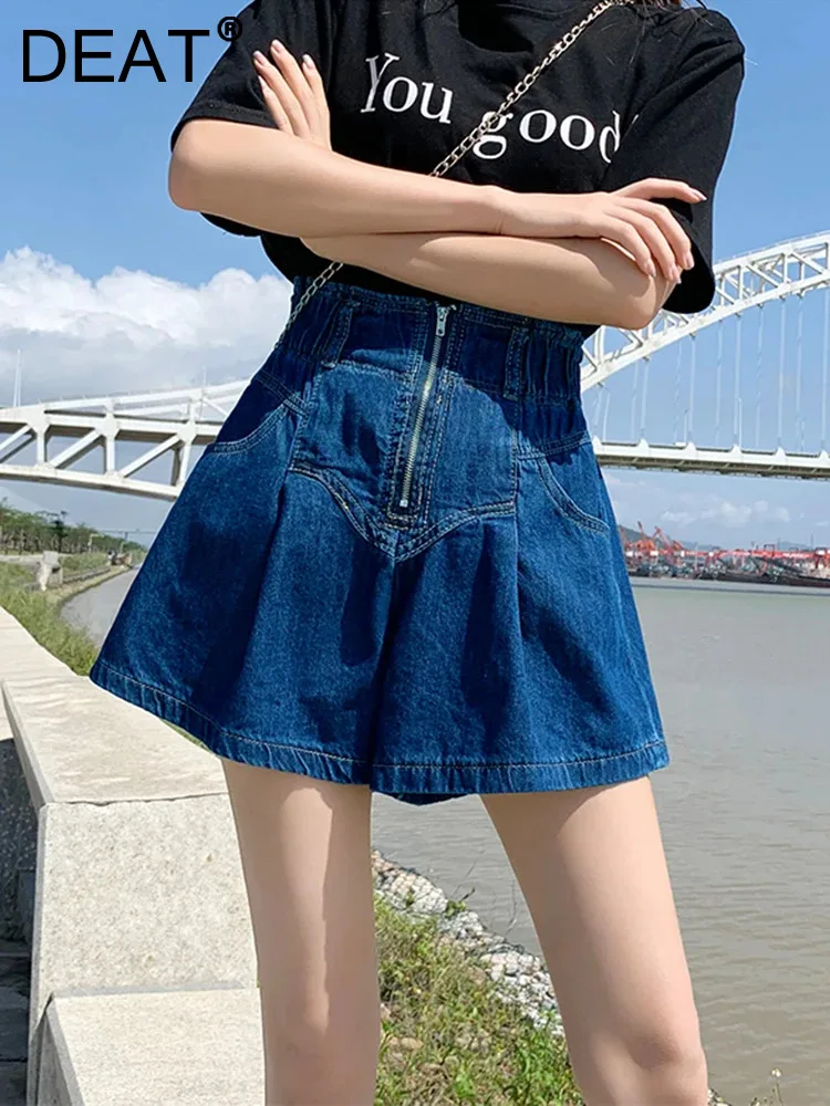 

DEAT Fashion Women's Denim Shorts Elastic High Waist Zipper Pocket Flower Bud A-line Slim Trouser Summer 2024 New Tide 7AB4100