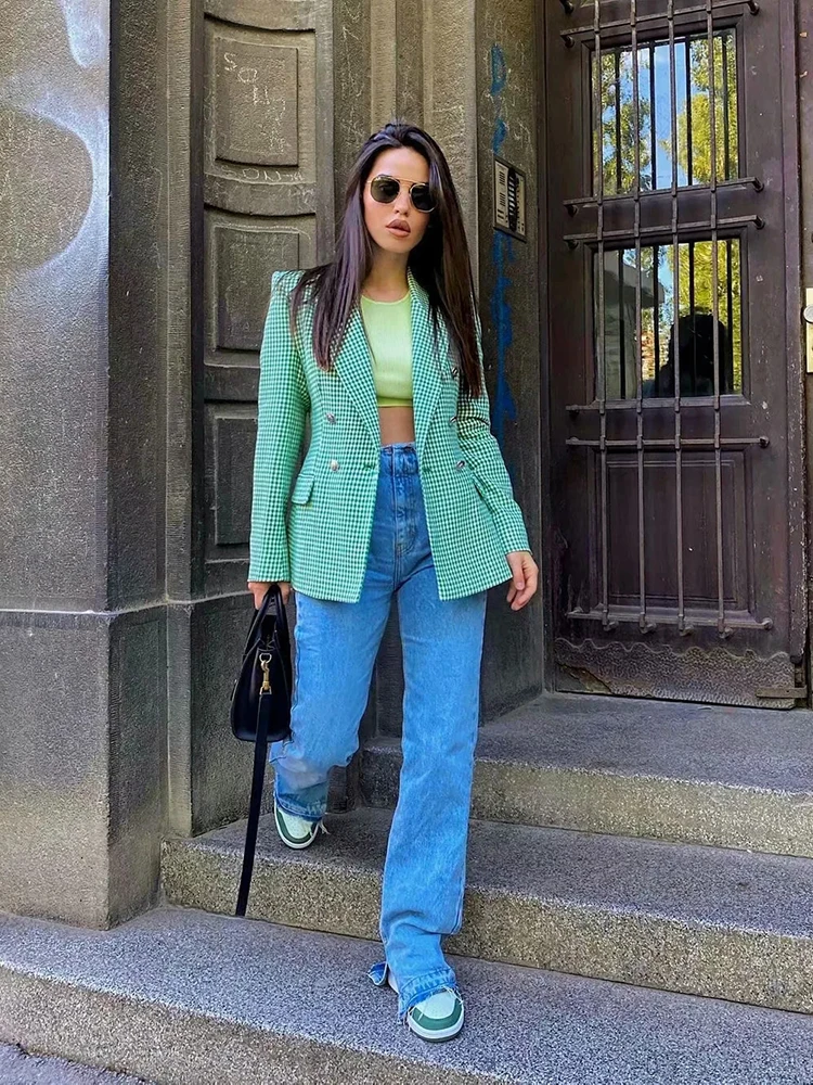 

Stylish Elegant Green Double Breasted Check Blazers Women 2021 Fashion Pockets Notched Plaid Blazer Coat Female Chic Tops