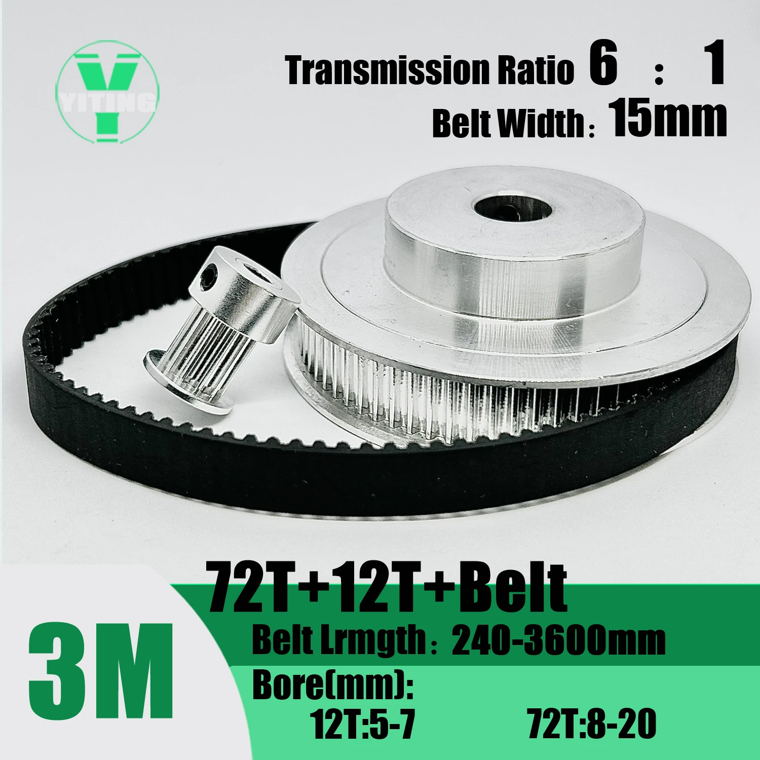 

Комплект зубчатых ремней HTD 3M 12T с 72 зубьями, ширина 15 мм, отверстие 5 ~ 20 мм, сокращение 6:1, замедление, 3 м, комплект шкивов, синхронное колесо