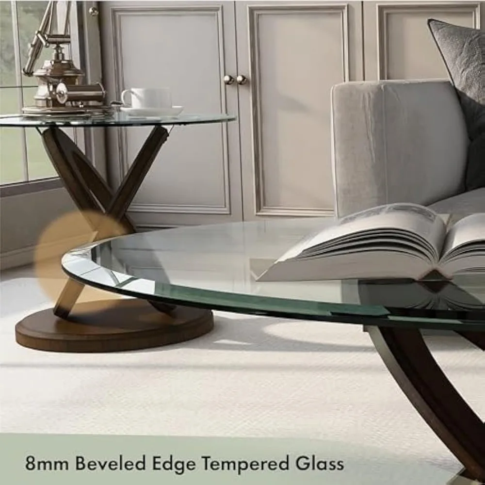 Xenda Modern Oval Glass Top Table with X-Shaped Base for Living Room, Bedroom, Home Office, 48 in, Dark Walnut Brown 4