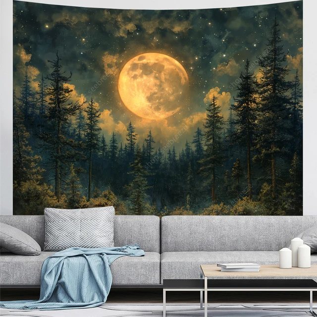 Tapisserie de lune psychédélique, arbre de forêt, tenture murale pour plafond de chambre à coucher, salon esthétique, dortoir d'université, décor Hippie 3