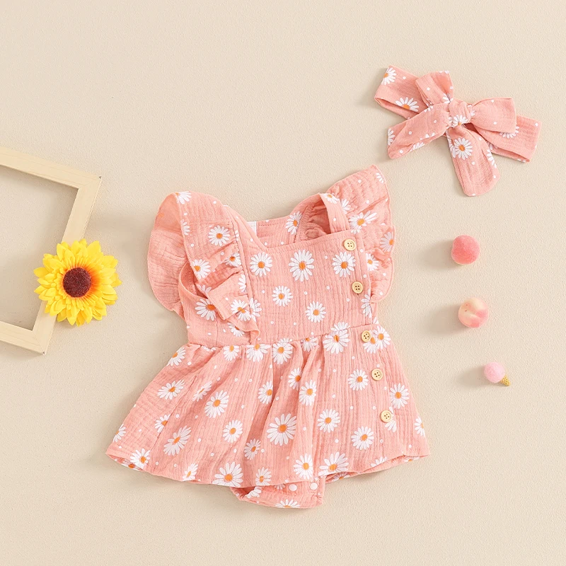 

Newborn Girl Outfit Flower Print Fly Sleeve Romper Dress with Hairband Summer Clothes
