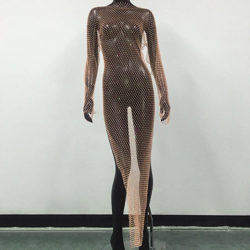 Shiny Rhinestones Grid Fishnet Dress Long Sleeve O-Neck Hollw Out Side Slit Dress Sexy Beach Cover Up Breathable Lady Vestidos