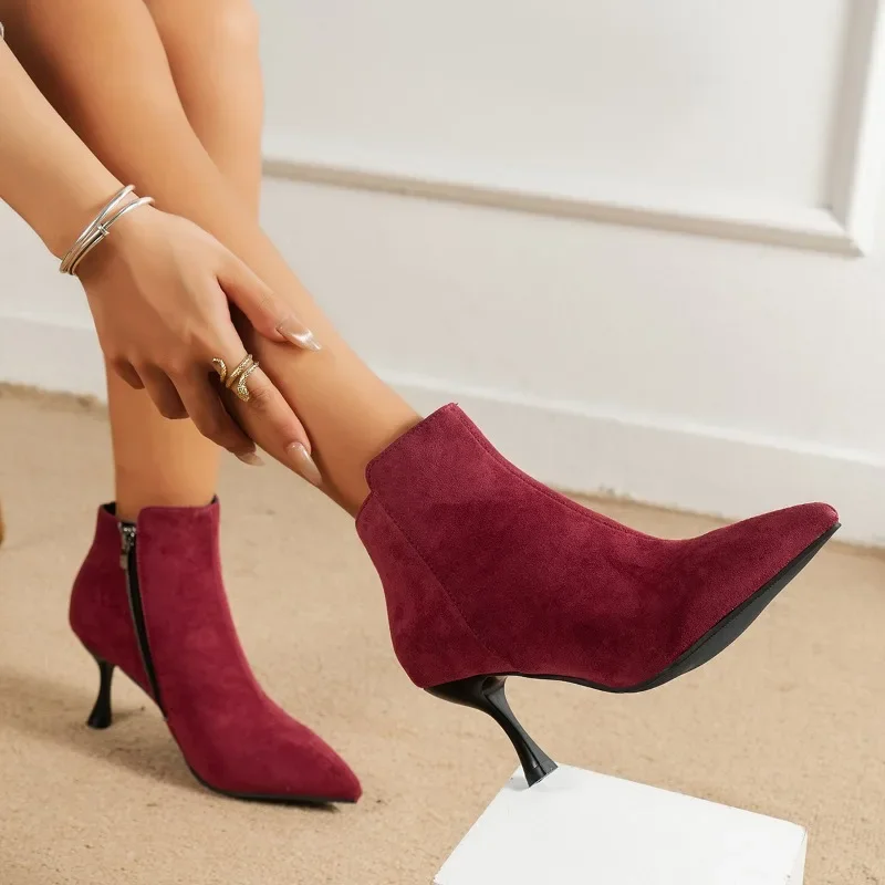 

Женские ботильоны 2024, Зимние Модные женские ботинки, зеленые привлекательные ботинки с острым носком на высоком тонком каблуке, повседневные ботинки больших размеров с боковой молнией