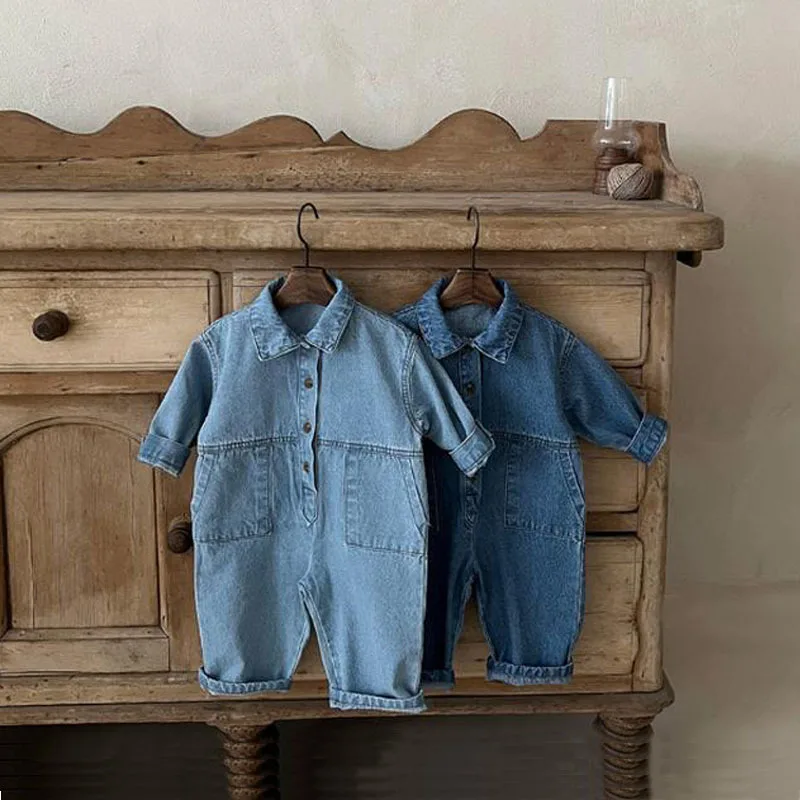 2022 Spring New Baby Denim Romper Solid Infant Toddler Pocket Jumpsuit Newborn Denim Clothes Baby Boy Girl Jean Overalls 0-24M Bamboo fiber children's clothes