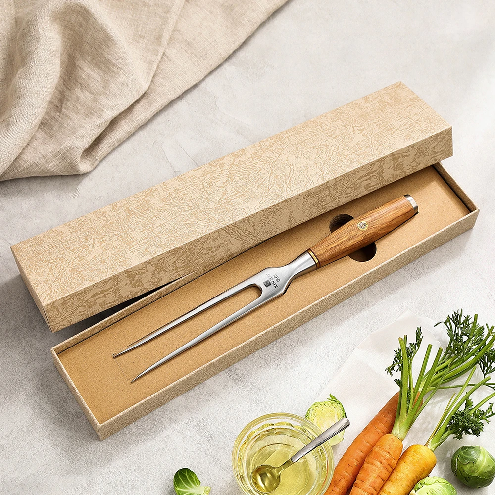 XINZUO 153mm Forged Carving Fork 430 Stainless Steel Carving Tools Roasting Fish Fork BBQ Comfortable Wood Handle