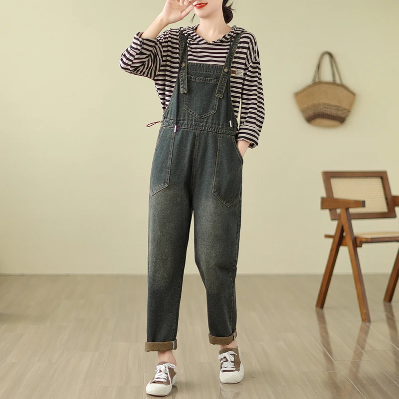 

Aricaca Women Overalls Plus Size Long Jean Jumpsuits Ladies Street Wear Casual Denim Jumpsuits