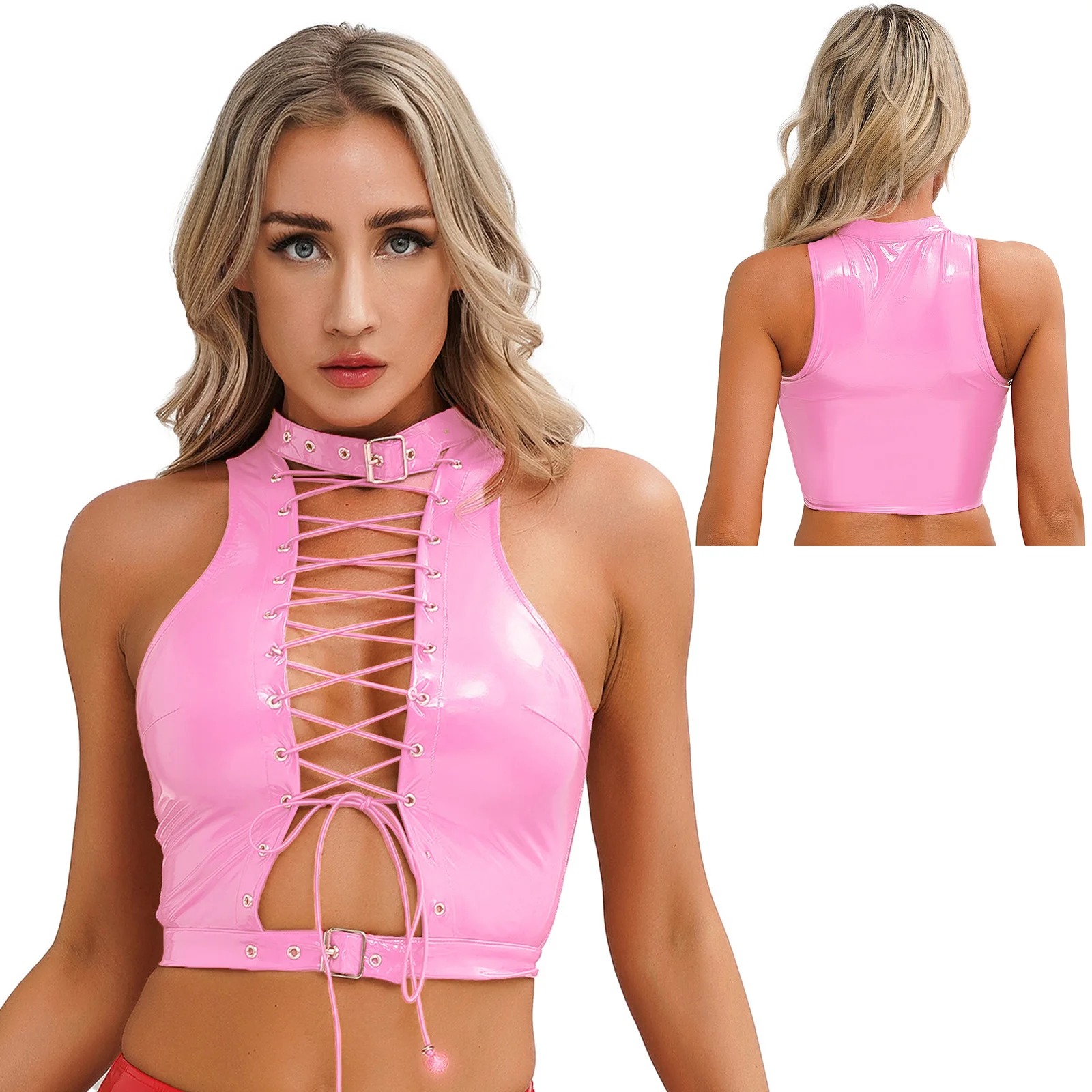 thumbnail image 1 of Top corto sin mangas para mujer con hebilla ajustable en el dobladillo del escote, chaleco con cordones y ojales, camisetas sin mangas góticas punk, 1 of 5