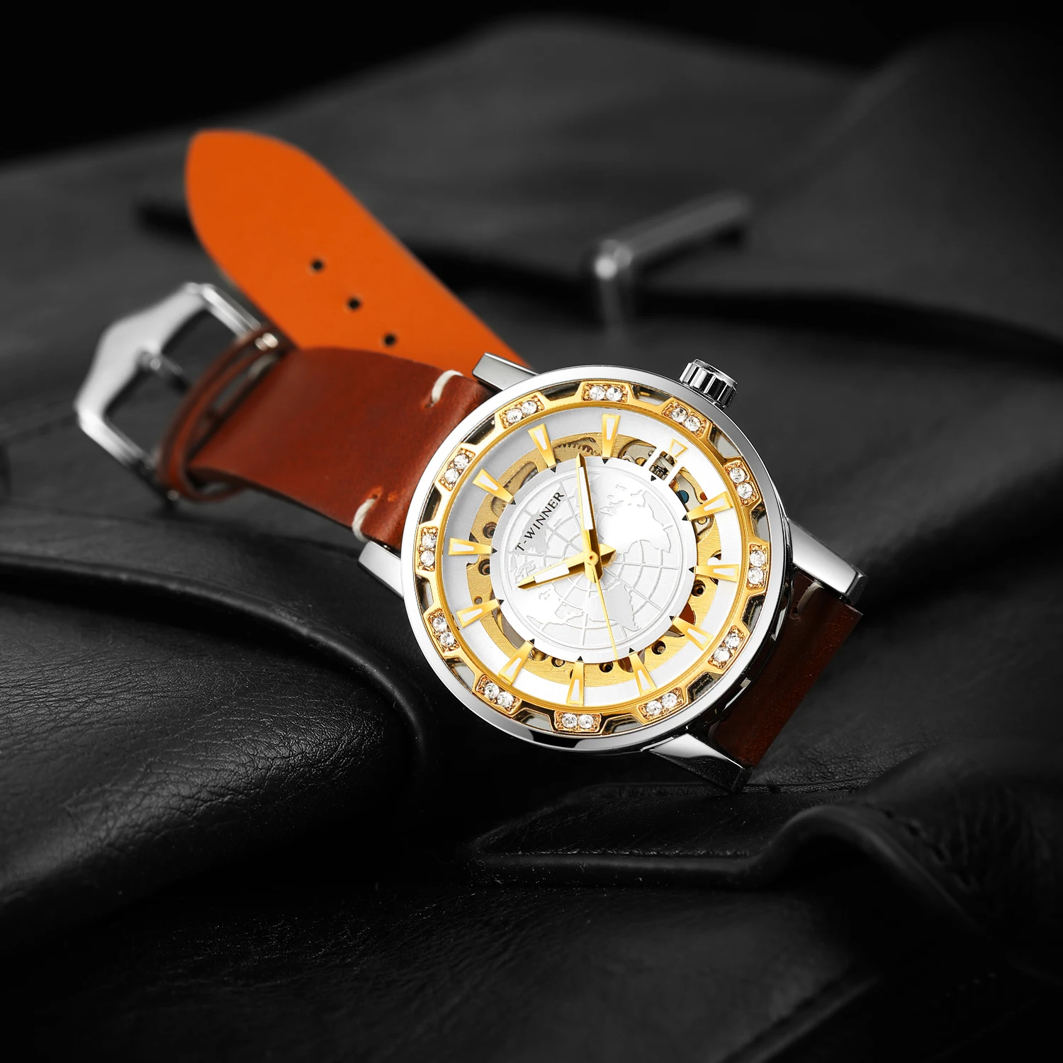 T-WINNER Classic Men's Manual Winding Mechanical Watch with Luminous Hands Luxury Gold-Tone Skeleton Case Retro Leather Strap mechanical watch
