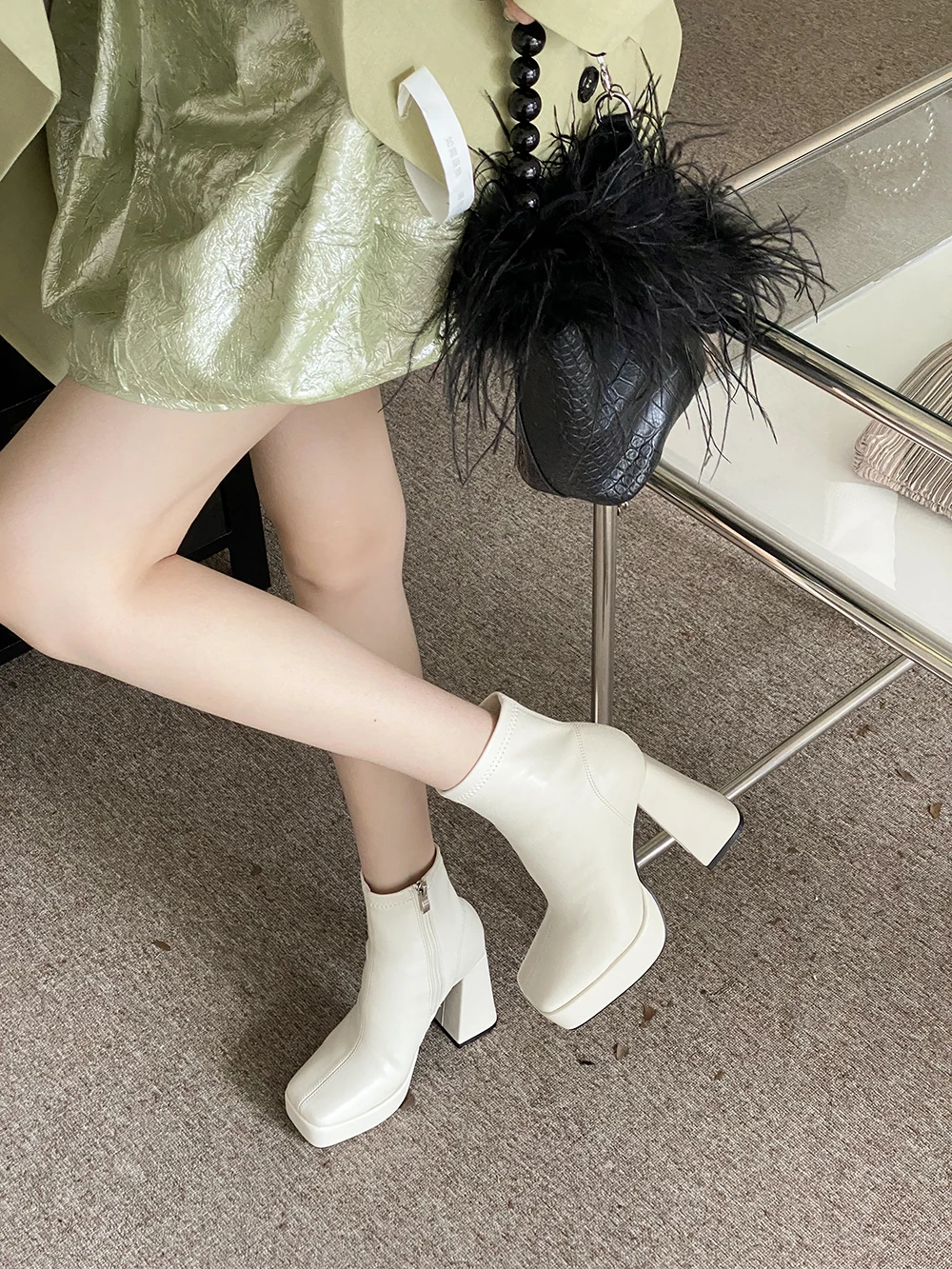 Black Toe White Ankle Boots, Block High Heel Shoes