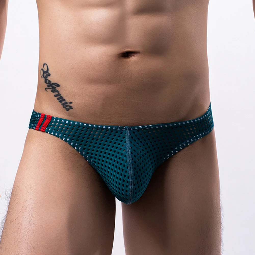 

Sexy Men Fine Mesh See Through Thong Briefs U Convex Pouch Panties Breathable Moisture Underpants Low Waist Underwear Bikini