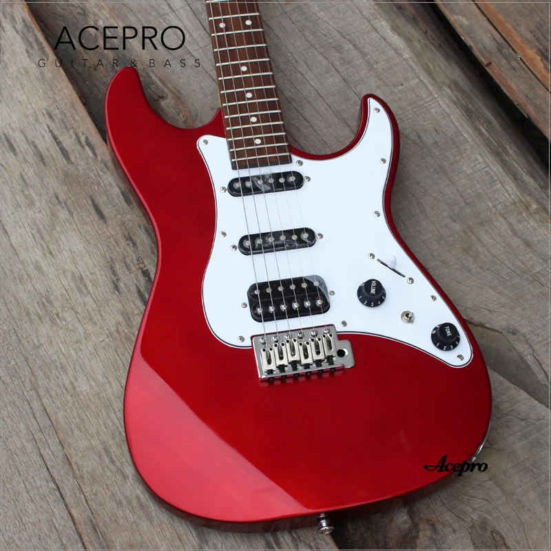 

Acepro Metallic Red ST Electric Guitar, Tremolo Bridge, S-S-Humbucker Pickups, Mini Switch for Split Coil, In Stock Guitarra