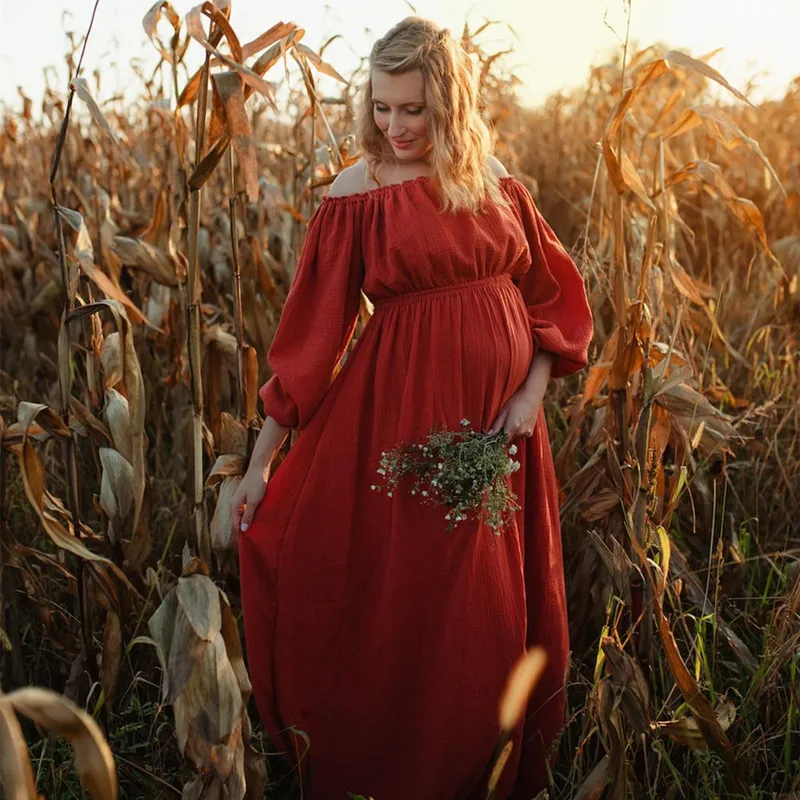 

Boho Maternity Gown Photo Shoot Long Dresses Rust Cotton Slash Neck Bohemian Pregnancy Dresses For Photography