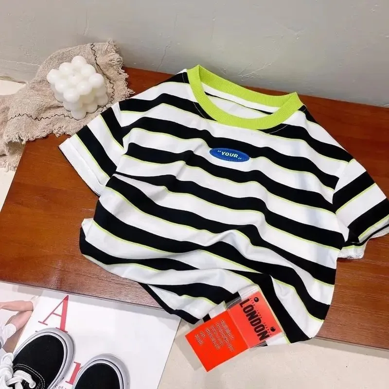 Summer Striped TShirt Fashion Casual Short-sleeved Tops Babies Cotton Thin Round Neck Tops Boys Toddler Cpstume Contrast Tees 4