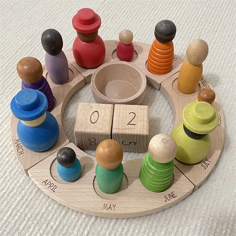 Wooden Perpetual Calendar Peg Dolls Figures Kids Learning Time Toys Open Ended Play Game Year Advent Calendar for Children 4