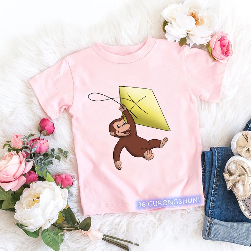2024 Kawaii Curious George T-shirt Cartoon Graphic Print Monkey T Shirt Summer Tees Girls Tshirts Pink Short Sleeved Tops 4