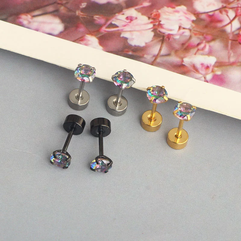 wholesales cartilage ear stud flat back screw cz crystal men ear stud clear rainbow color men earrings body piercings