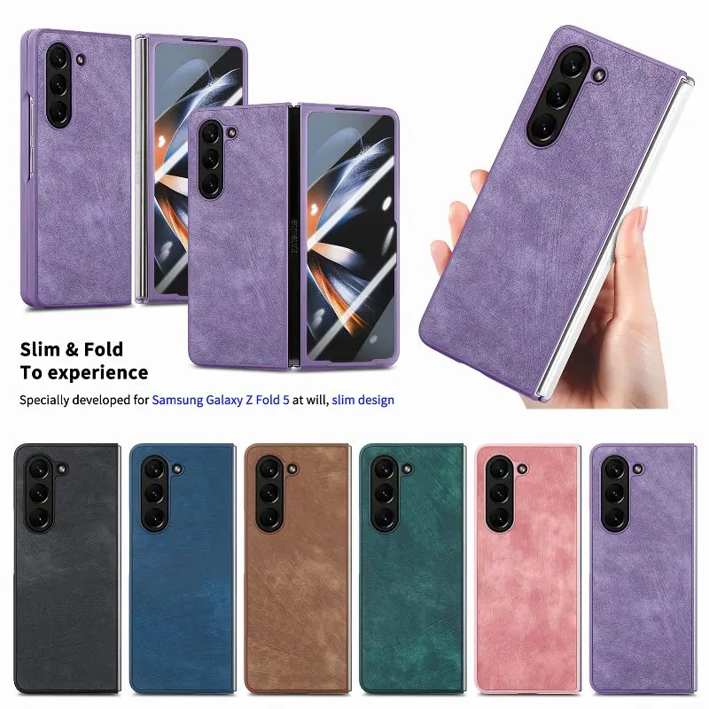 

Solid Color Leather Flip Case Phone Cover For Samsung Galaxy Z Fold 5 Z Fold 4 Tempered Film Folding Phone Case