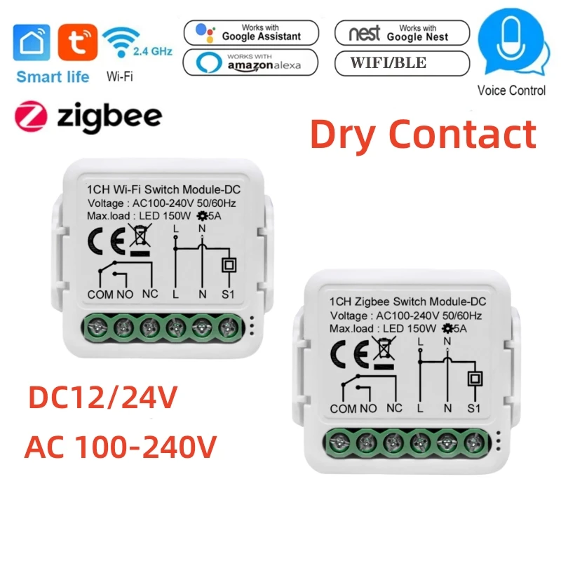 

Tuya ZigBee WiFi Smart Switch Module DC12/24V AC 100-240V Smart Dry Contact Universal Breaker Relay Works with Alexa Google