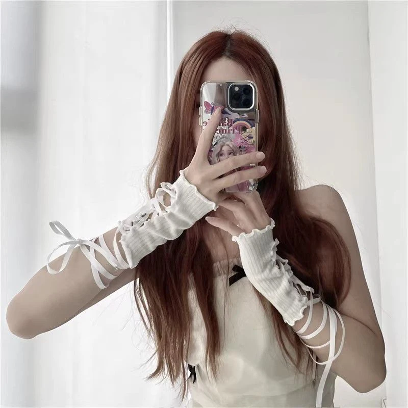 Y2K 레이스 암 슬리브, 스파이스 걸, 나무 귀 사이드, DIY 레이스업 핸드 슬리브, 로리타 JK 자외선 차단, 백 장갑 커프 액세서리, 여름