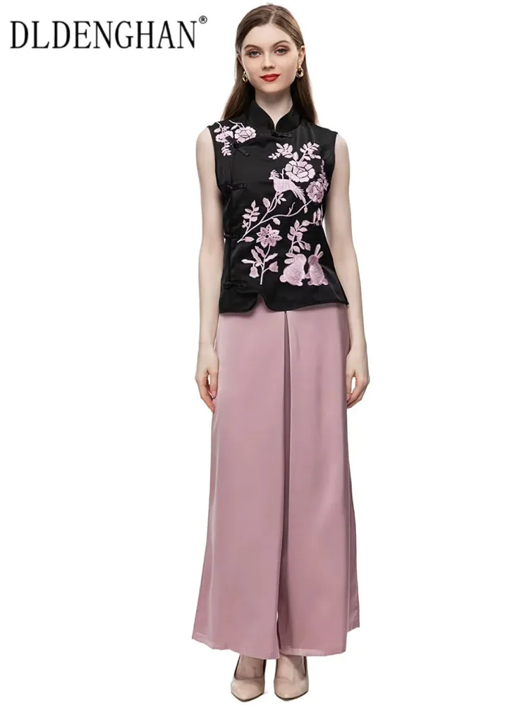

DLDENGHAN Spring Summer Suit Women Stand Collar Sleeveless Embroidery Top+Wide Leg Pants Chinese Style Two Pieces Set Runway New