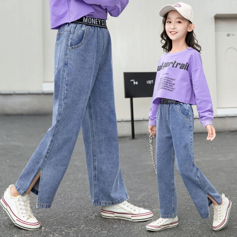

New Girls Jeans Spring and Autumn Loose Denim Trousers Kids Letter Pocket Wide leg Jeans Trousers Teen Girls Elastic Waist Jeans