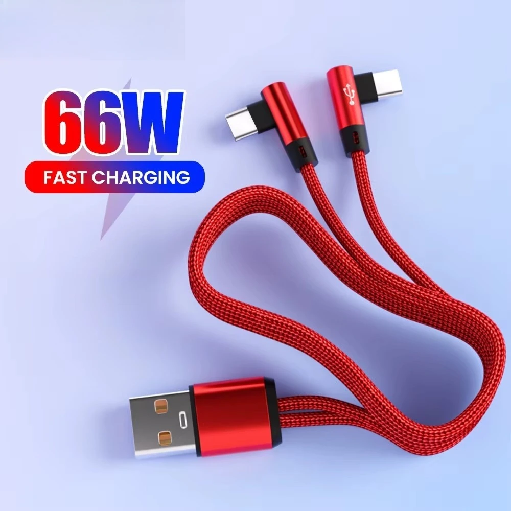 66W 2 in 1 USB to Type C Fast Charging Elbow Cable USB C Fast Charge Mobile Phone Cable For iPhone 15 16 Samsung Xiaomi HUAWEI