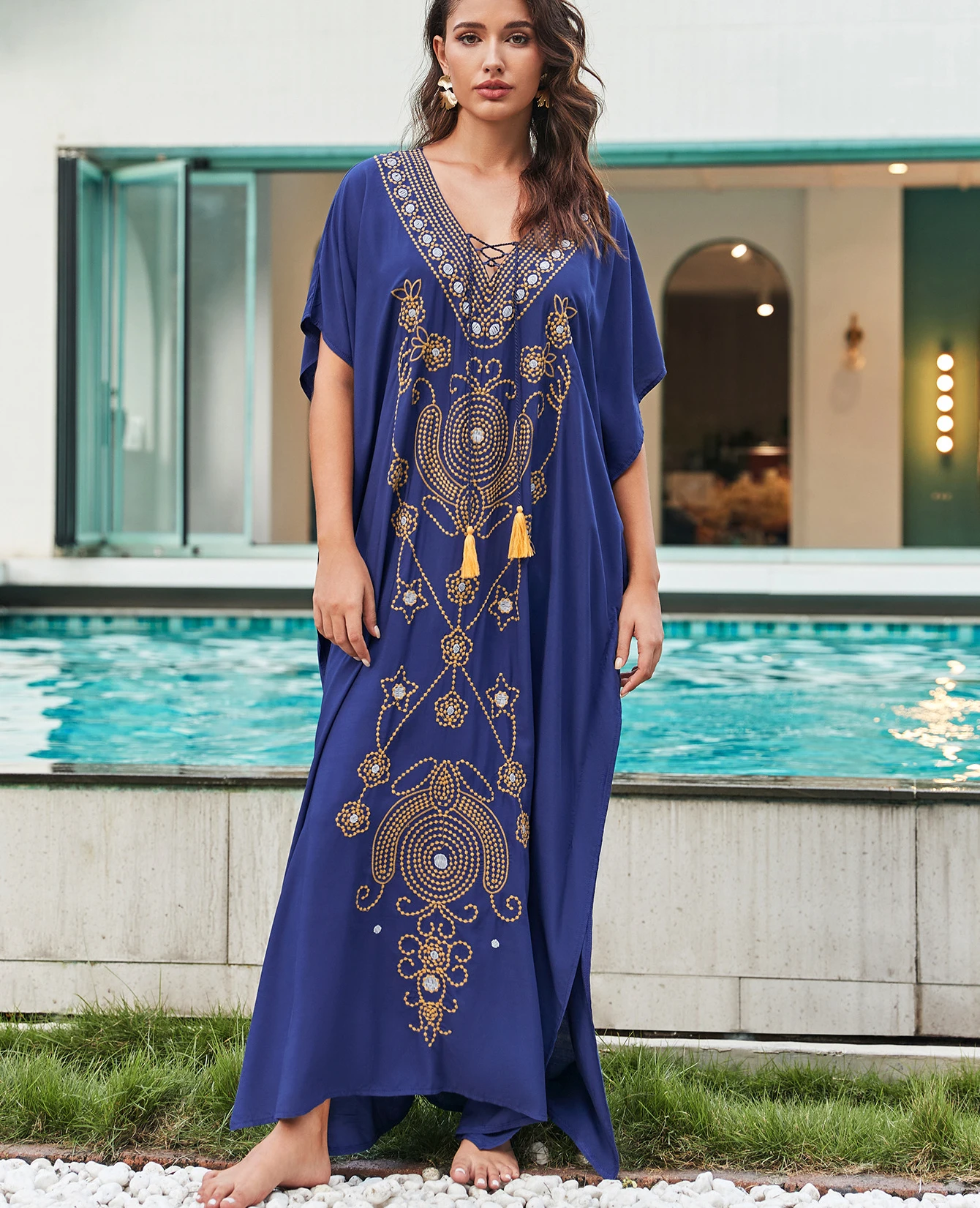 

AYUALIN Vintage Summer Bikini Cover-Ups Boho Beach Wear Cotton Rayon Floral Embroidery Loose Kimono Maxi Dress for Women Robe