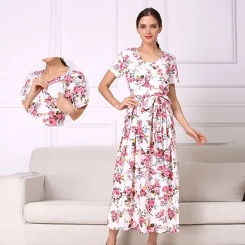 Summer Maternity Clothes Long Dress for Pregnant Women Printing Gravida Lactation Dress Short Sleeve Breastfeeding Dresses
