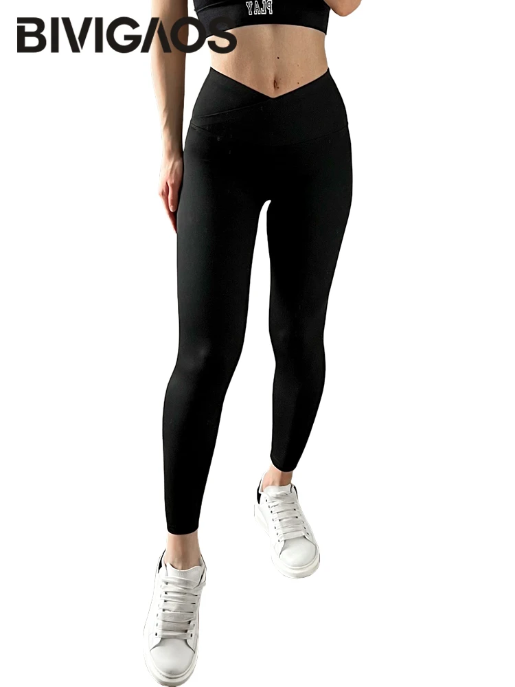 

BIVIGAOS Women Fall Cross Waist Sharkskin Leggings Butt Lift Fitness Tight-Fitting Sexy Leggings V-Shaped High Waist Shark Pants