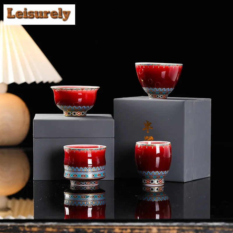 100ml Lang Red Dunhuang Treasure Flower Drum Shaped Teacup Boutique Tea Bowl Jug Tea-tasting Personal Cup Chazhan Master Cup