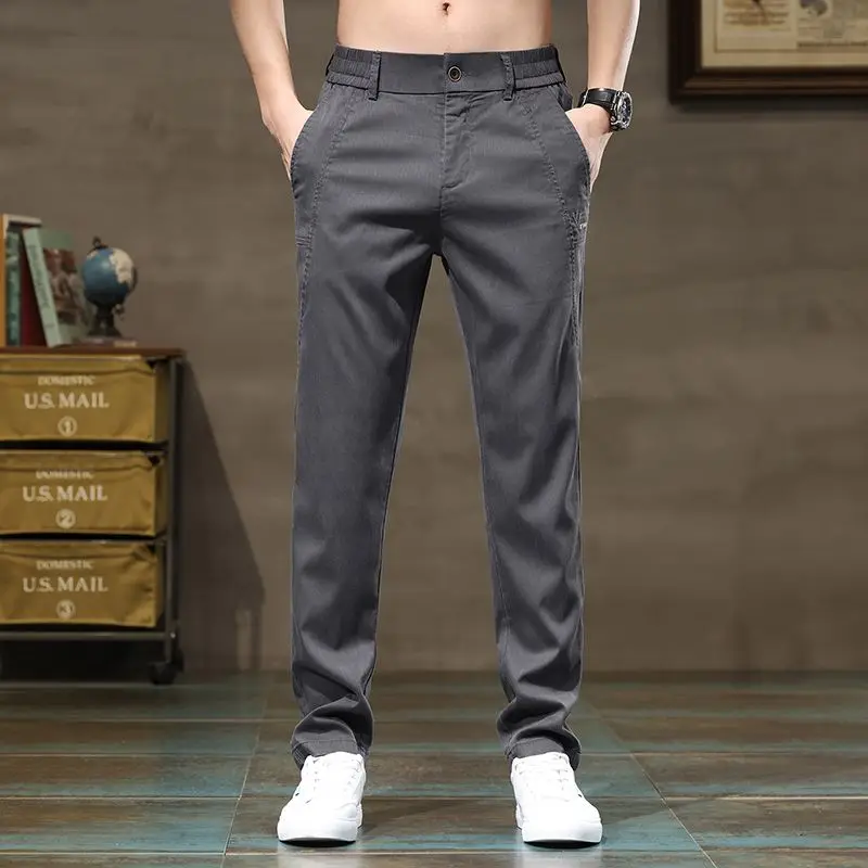 

Брюки мужские повседневные, стрейч из телячьей ткани, тонкие прямые тонкие деловые штаны, с карманами на молнии, лето