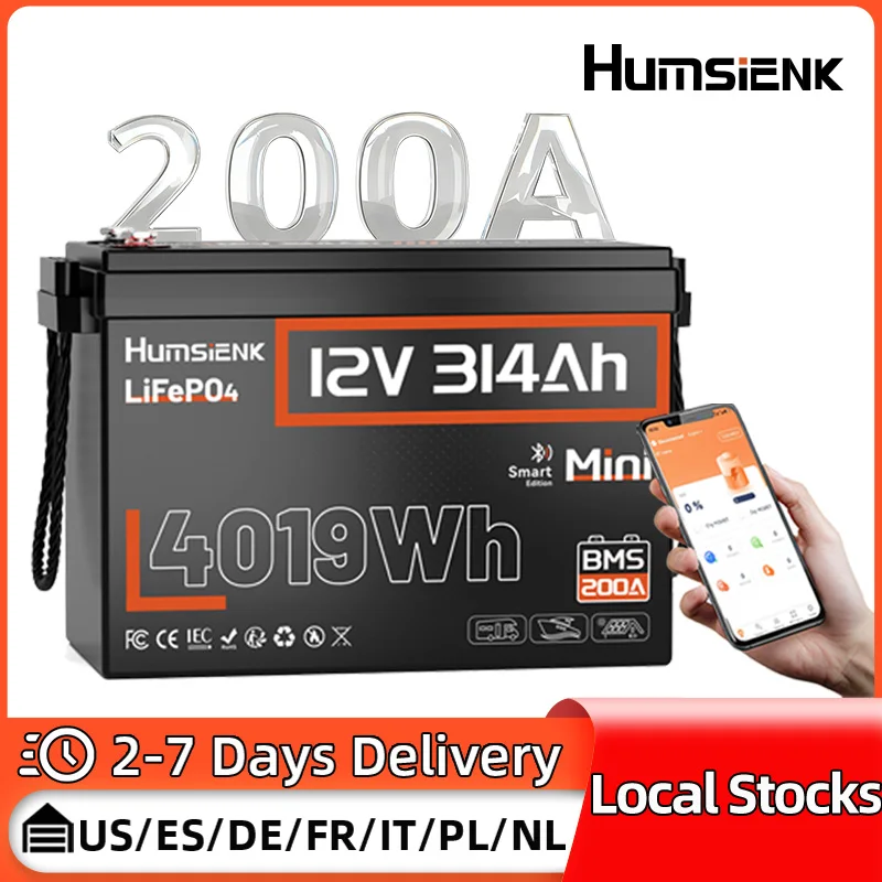 Humsienk 12V 300Ah LiFePO4 Battery Bulit-in100A BMS Bluetooth Lithium Iron Phosphate Battery For RV/ Vans/ Camping/ Home Storage